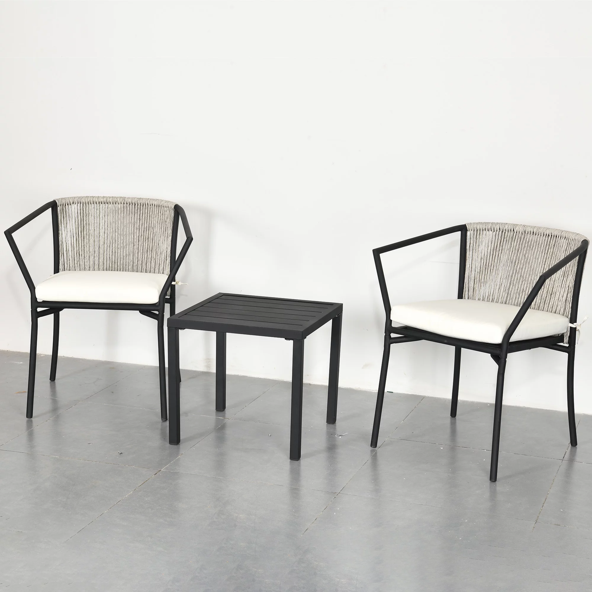 Dextrus 3-Piece Patio Conversation Bistro Set, Outdoor Wicker Dining Table Chairs Set, With 2 Stackable Chairs, Cushions, Side Table – White - Image 9