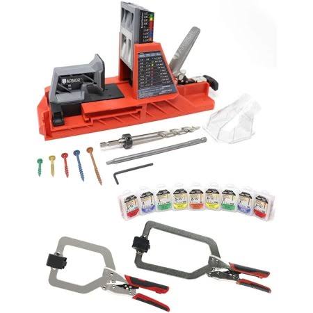 Armor Tool Auto Pocket Hole Jig w/ 750 Piece Assorted Screw Kit and 3 inch u0026 6 inch Auto Adjust Multi Purpose Clamps