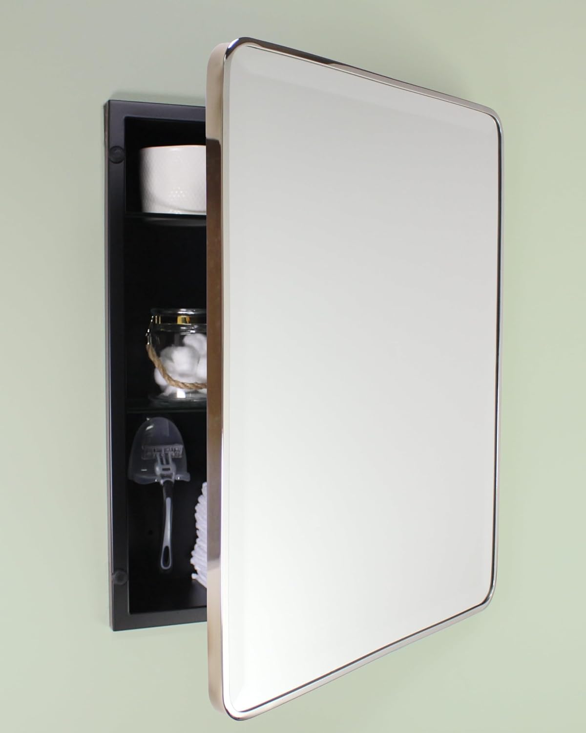 16×20 Austin Farmhouse Metal Framed Rounded Rectangle Recessed Bathroom Medicine Cabinet, Beveled Mirror, 14×18 in-Wall Opening, powder-coated Steel, Glass Shelves, Magnet Close, Brushed Nickel - Image 19