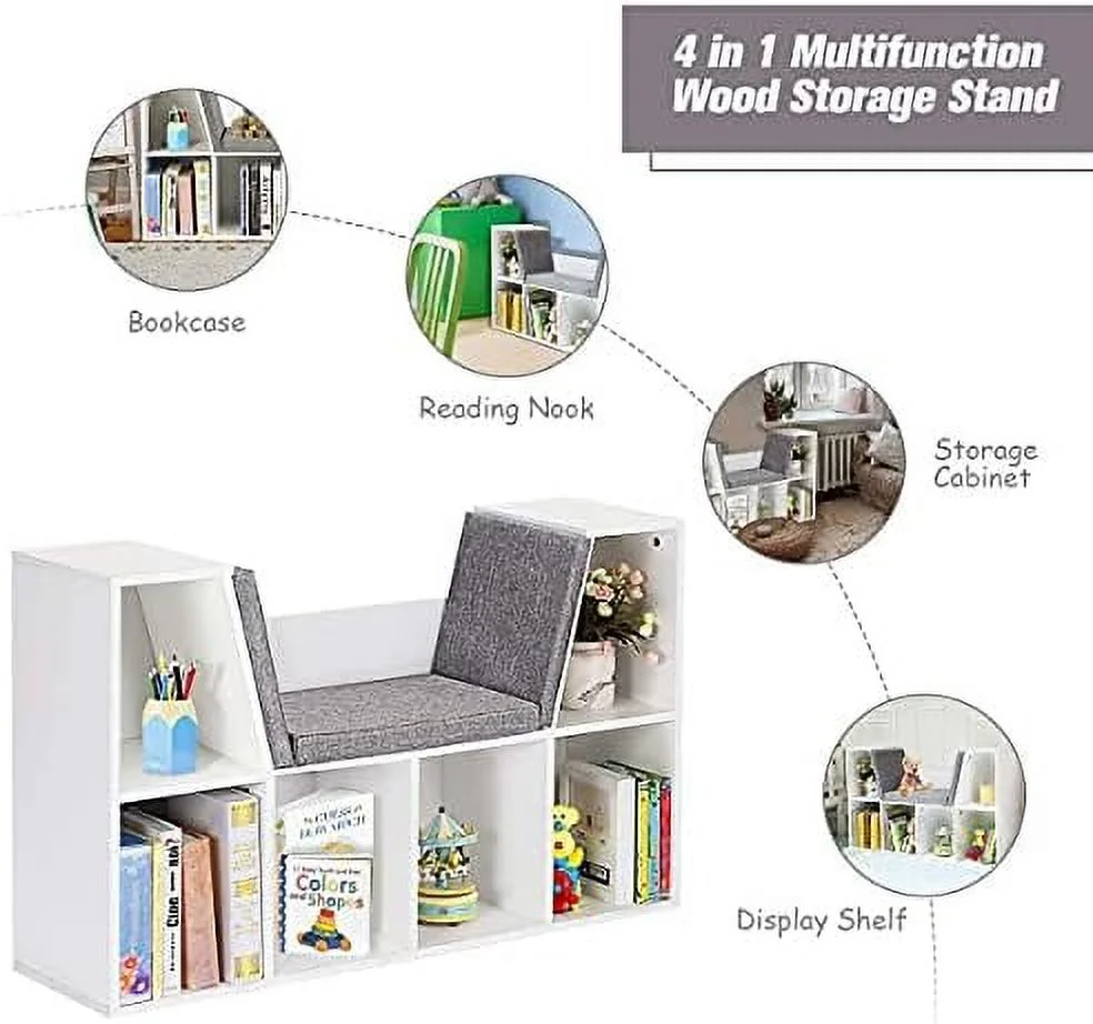 HJZBNONE 6-Cubby Bookcase w/Cushioned Reading Nook Multi Purpose Organizer Cabinet with Soft Cushion and Thick Wood Board for Children Girls & Boys Bedroom Decor Room (Modern Whit - Image 5
