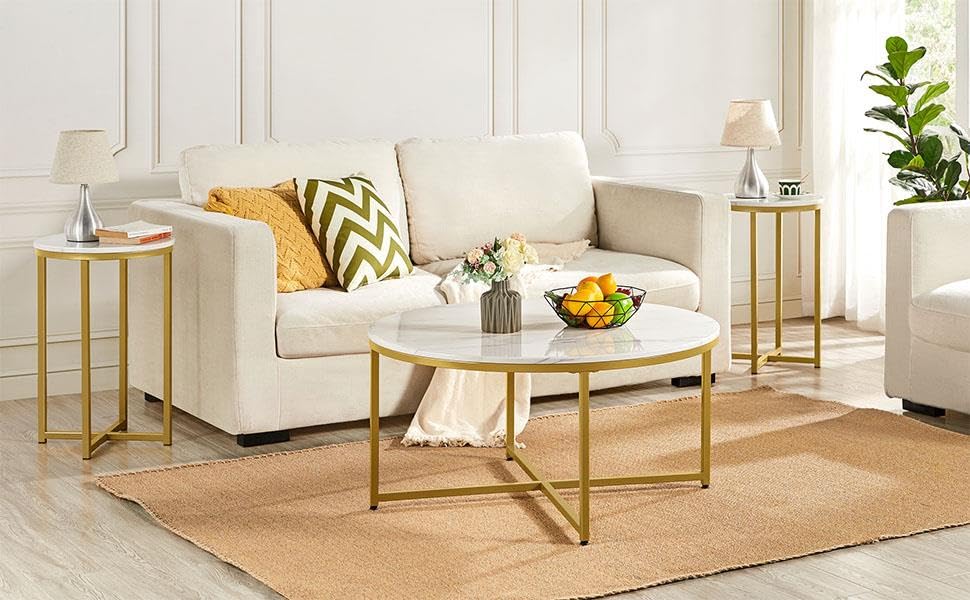 Yaheetech Faux Marble Side Table, 16in End Table Modern Accent Sofa Table w/X-Based, Round Tabletop, Sturdy Metal Legs for Living Room, Black - Image 19