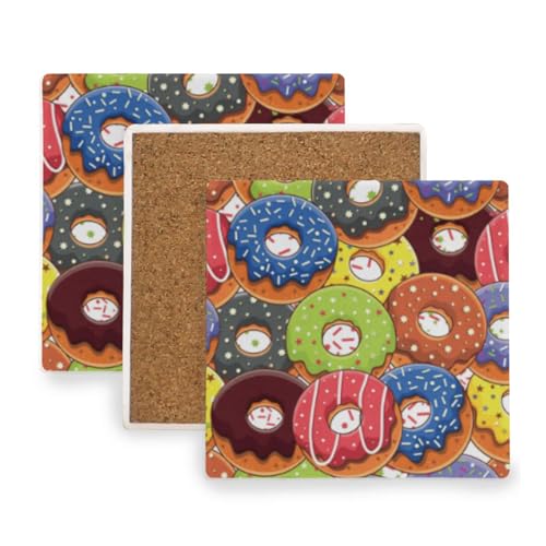 Donuts Square Coasters for Drinks 4 Packs, Absorbent Heat-Resistant Ceramic Stone Coaster Desktop Protector with Cork Base for Kitchen Bar Home Decor, 3.9 Inch - Image 2