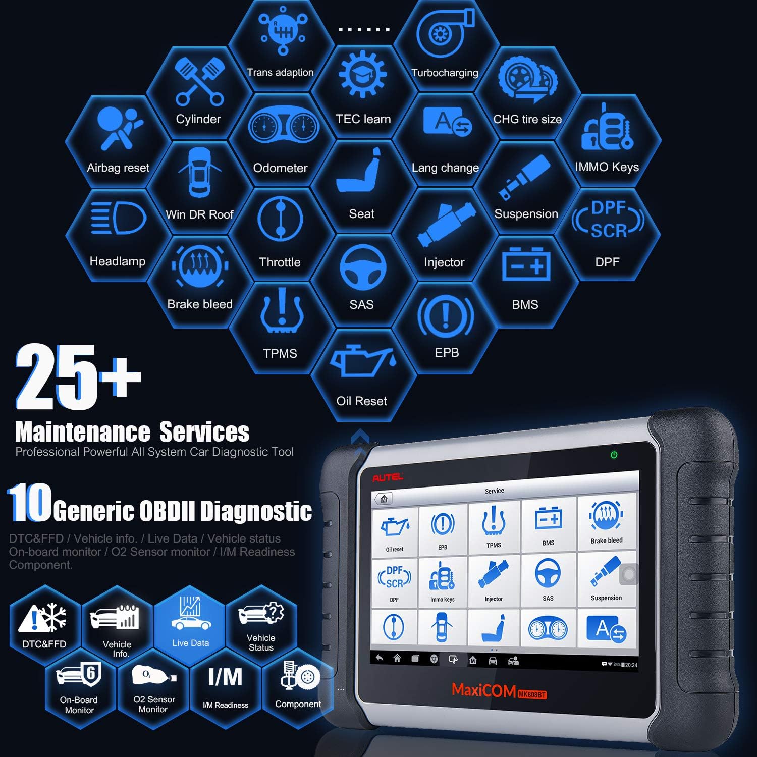 Autel MaxiCOM MK808BT Car Diagnostic Scan Tool, 2022 Newest Upgraded Ver. of MK808, MX808, All Systems Diagnosis & 28+ Services, ABS Bleed, Oil Reset, EPB, SAS, DPF, BMS, Throttle, Injector Coding - Image 2