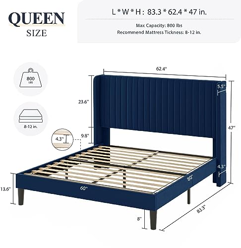 Allewie Queen Size Velvet Bed Frame/Vertical Channel Tufted Wingback Headboard/Upholstered Platform Bed/Strong Wooden Slats/No Box Spring Needed/Easy Assembly/Black - Image 71