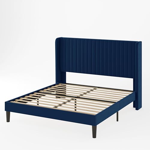 Allewie Queen Size Velvet Bed Frame/Vertical Channel Tufted Wingback Headboard/Upholstered Platform Bed/Strong Wooden Slats/No Box Spring Needed/Easy Assembly/Black - Image 66