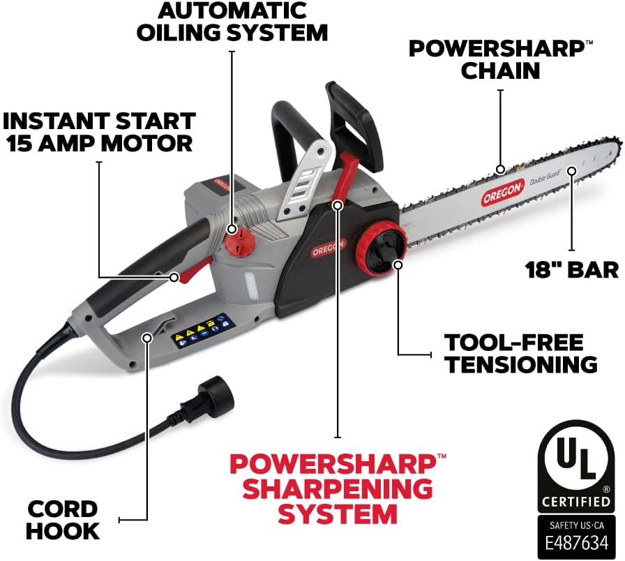 Oregon CS1500 18-inch 15 Amp Self-Sharpening Corded Electric Chainsaw, with Integrated Self-Sharpening System (PowerSharp), 2-Year Warranty, 120V, Grey, Black - Image 3