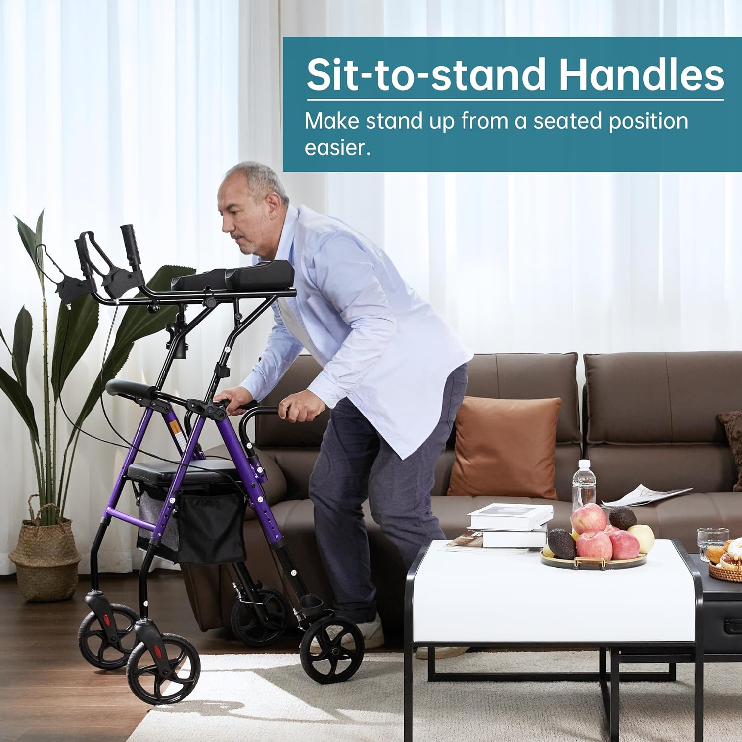 ELENKER Upright Walker, Stand Up Rollator Walker with Padded Seat and Backrest, Compact Folding, Fully Adjustment Frame for Seniors, Purple - Image 4