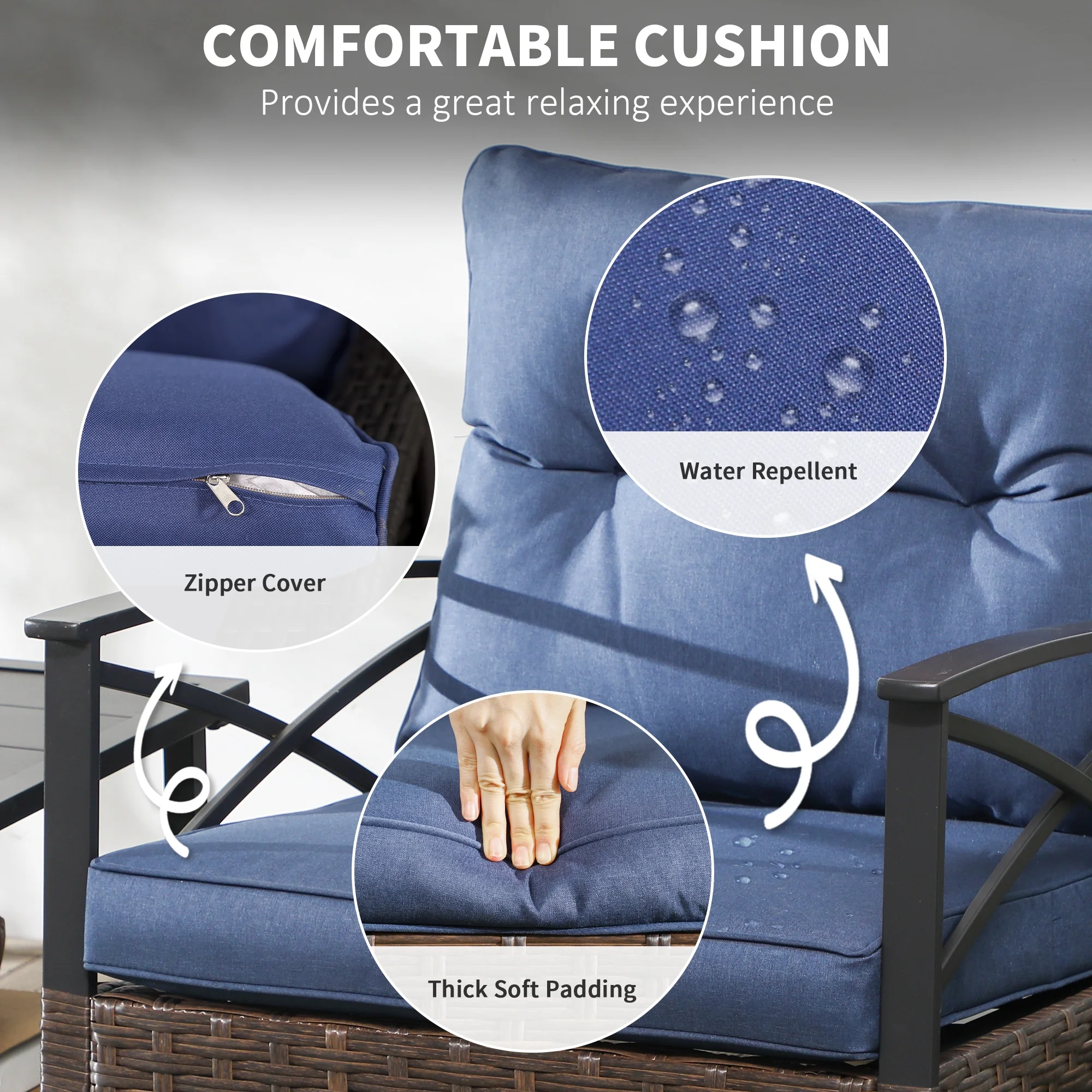 Outsunny 3pc Rocking Chair Set w/ Cushions, Wicker Bistro Set, Dark Blue - Image 4