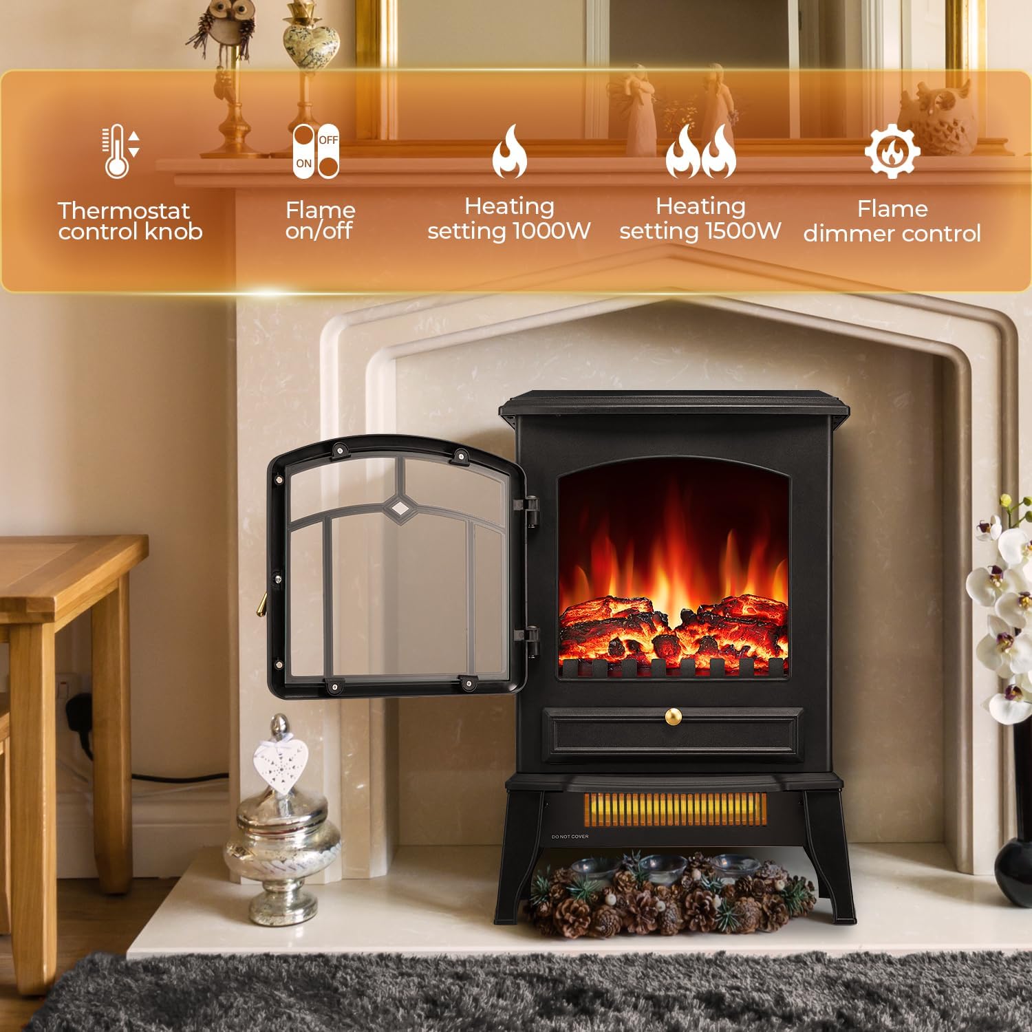 Electric Fireplace Heater with Thermostat Control, 15 Cathedral Stylish Small Fireplace Stove Heater, 3D Realistic Flame Effects, Overheating Safe Design - Image 4