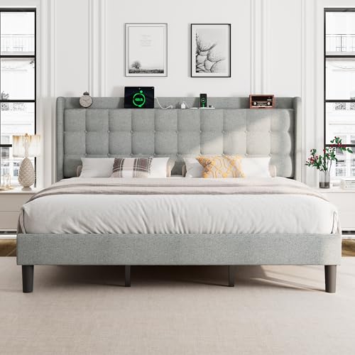 Queen Bed Frame, Upholstered Platform Bed with Charging Station, Modern Wingback Storage Headboard, Solid Wood Slats Support, No Box Spring Needed, Dark Gray - Image 12