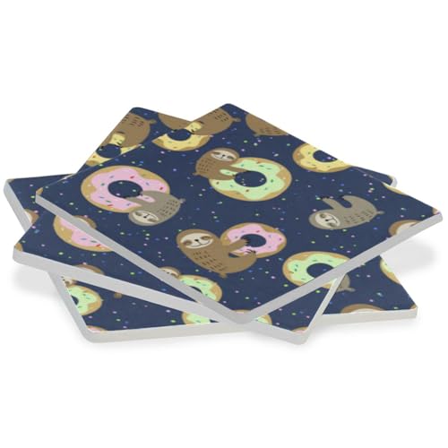 Donut Sloth Square Coasters for Drinks 4 Packs, Absorbent Heat-Resistant Ceramic Stone Coaster Desktop Protector with Cork Base for Kitchen Bar Home Decor, 3.9 Inch - Image 3