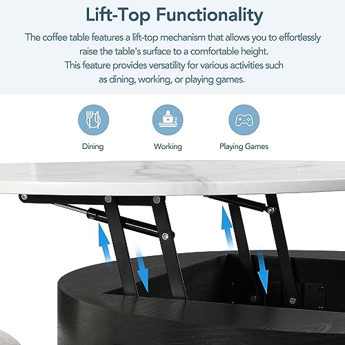 Linique Modern Round Lift-Top Coffee Table with Storage and 3 Ottoman, White + Black - Image 17
