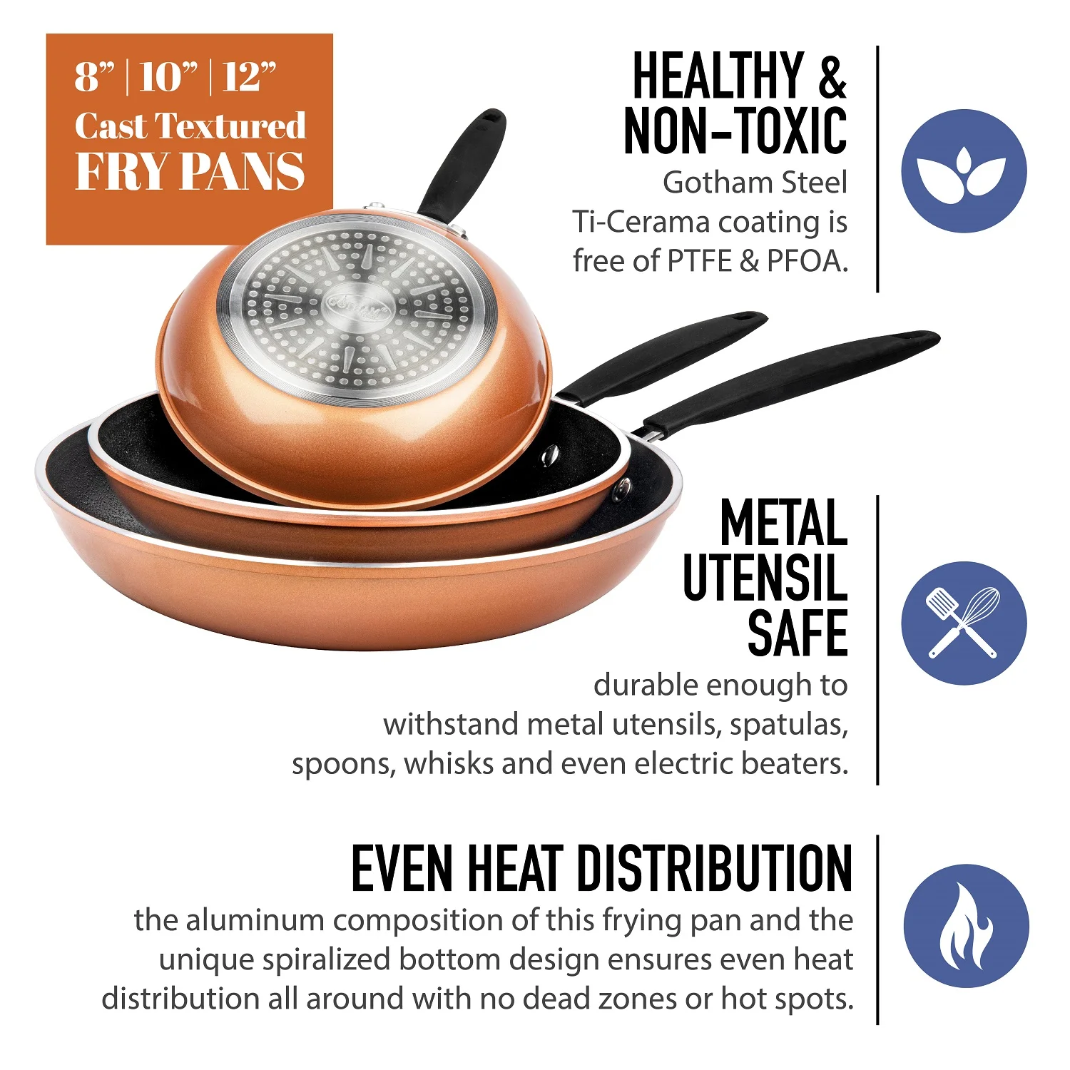Gotham Steel Diamond 3-Piece Copper Cast Frying Pan Set, Nonstick Cookware - Image 6