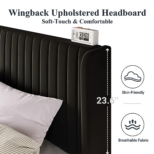 Allewie Queen Size Velvet Bed Frame/Vertical Channel Tufted Wingback Headboard/Upholstered Platform Bed/Strong Wooden Slats/No Box Spring Needed/Easy Assembly/Black - Image 75