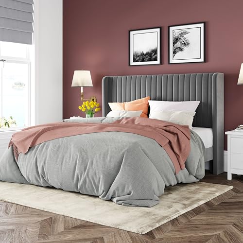 Allewie Queen Size Velvet Bed Frame/Vertical Channel Tufted Wingback Headboard/Upholstered Platform Bed/Strong Wooden Slats/No Box Spring Needed/Easy Assembly/Black - Image 12